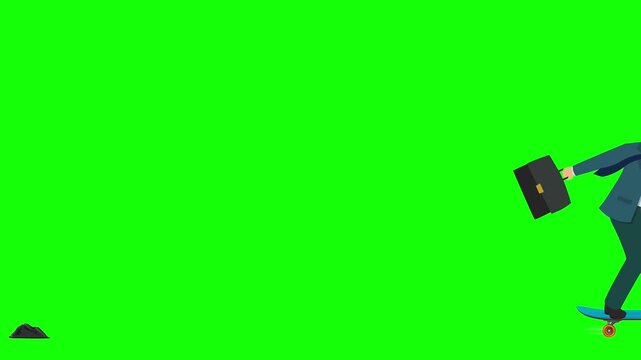 Businessman riding skateboard jumping obstacle loop animation on chroma key green screen background