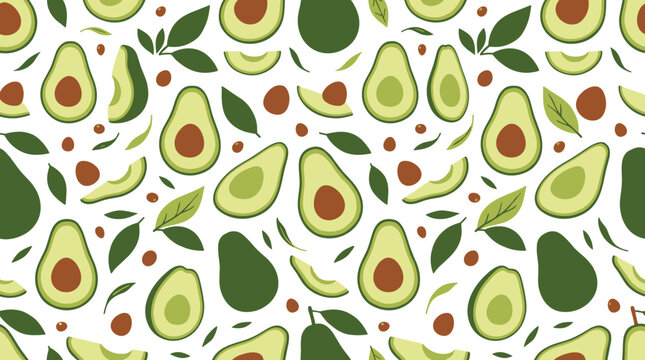 Seamless pattern with fresh green avocado halves slices and leaves on a clean white background surface