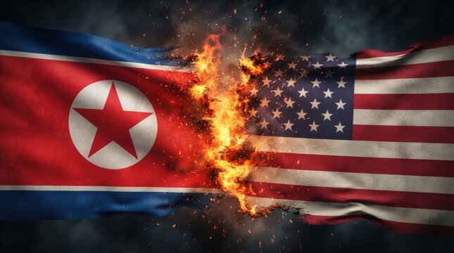 Dramatic stock photo showing US and North Korea flags torn apart by fiery explosion, ideal for news banners, political analysis, conflict themes, and global tension marketing materials.