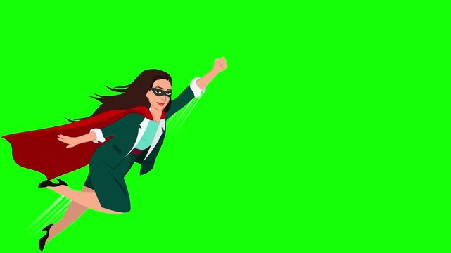 Animated superhero businesswoman wearing a red cape flying against a green screen background in 2D graphic style