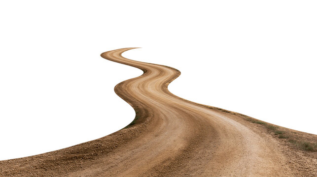 Winding brown dirt country road with sandy texture isolated on transparent background PNG element