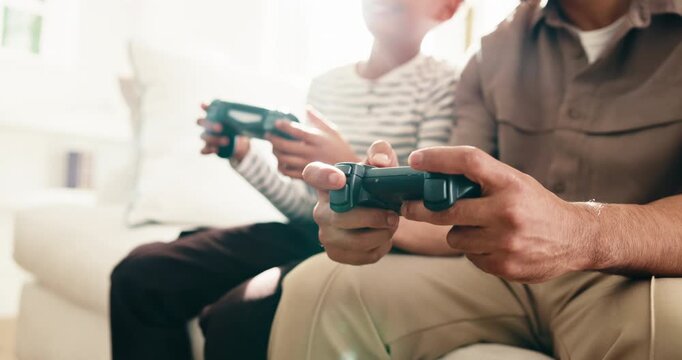 Gaming, hobby and hands of parent with child on living room sofa for bonding, competition or fun. Break, controller and video game with family in home together for learning, playing or teaching