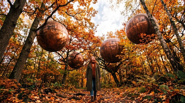Woman in Autumn Forest with Giant Floating Spheres