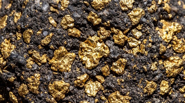 Natural Gold Nuggets Embedded in Dark Ore Rock