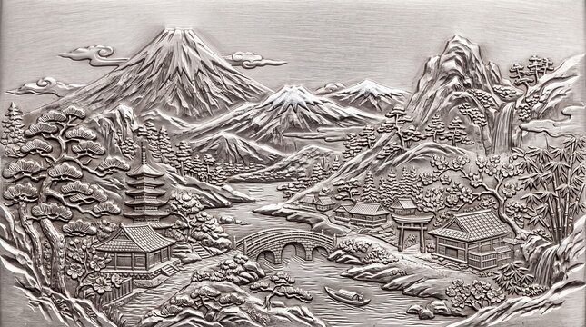 Embossed Silver Relief of Mount Fuji and Japanese Village