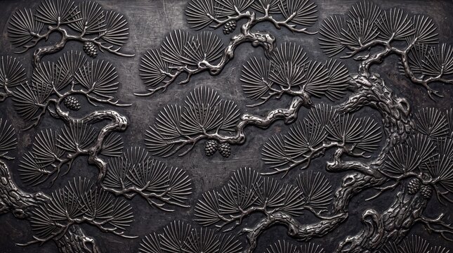 Japanese Pine Tree Bas Relief on Dark Metal