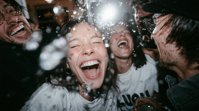 Joyful Young Friends Laughing and Getting Splashed at Party
