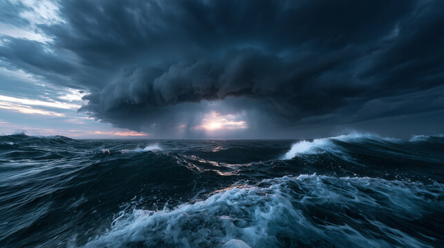 Dramatic Storm Clouds and Rough Waves Over Ocean