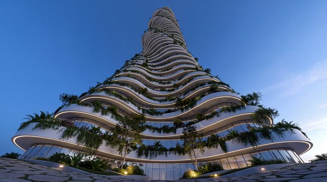 Futuristic Eco Friendly Skyscraper with Vertical Gardens at Twilight