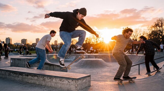 Young Skateboarders Performing Tricks in Skatepark at Sunset