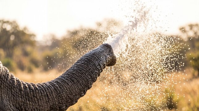 African Elephant Spraying Water from Trunk in Nature