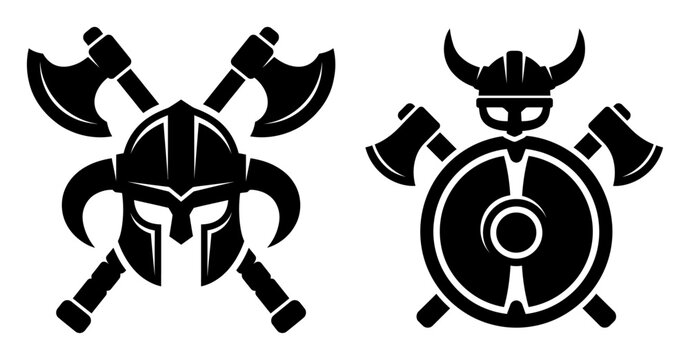Viking warrior helmet and crossed axes vector set. Norse gladiator head with shield and hatchet icons. Black silhouette medieval battle gear.