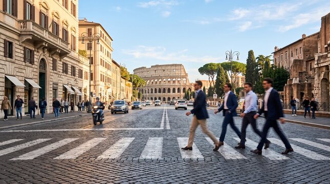 Businessmen Crossing Street with Rome Colosseum in Background
