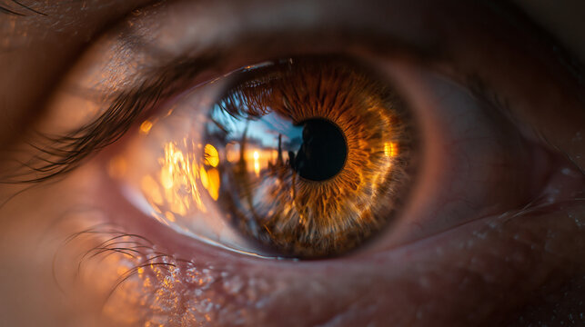 Macro Close-Up of Brown Eye with Sunset Reflection