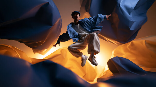 Dynamic Male Hip Hop Dancer Jumping in Creative Studio Setting