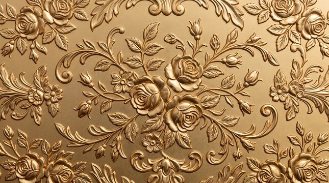 Luxury Gold Floral Embossed Background with Baroque Roses