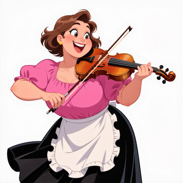 Delighted young woman tightening giant violin strings with energetic excitement on a white background.