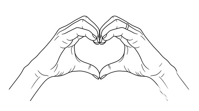 Minimalist hand heart line art, human hands forming heart shape gesture, simple black and white outline illustration for love and unity