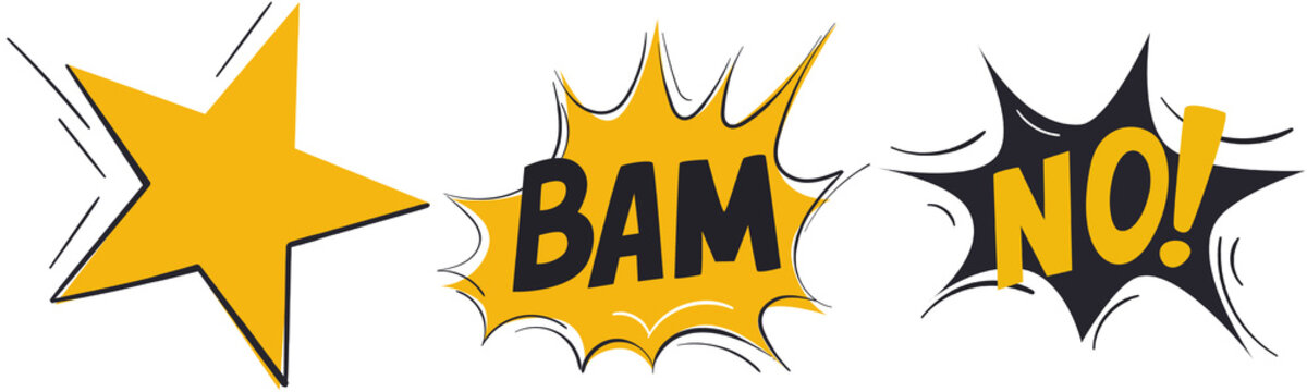 Set of comic book style explosion speech bubbles with bam and no text and a yellow star shape for graphic design and cartoon sound effects