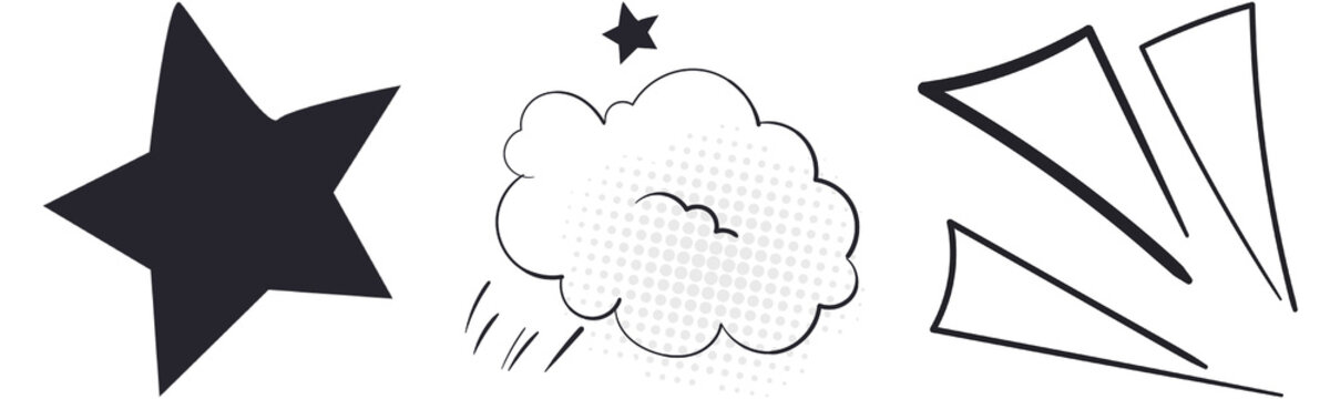 Set of hand drawn comic book style graphic elements including a solid black star a speech bubble cloud and decorative triangle motion lines
