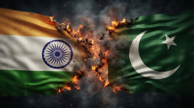 Dramatic stock photo of India and Pakistan flags torn apart by fiery explosion, ideal for political tension graphics, news banners, or conflict-themed designs.