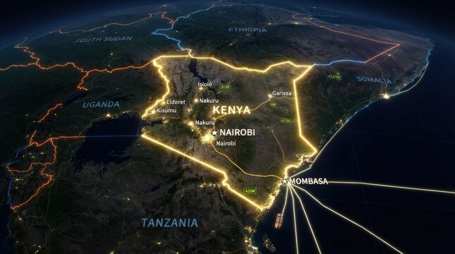 Stunning night lights map of Kenya highlighting major cities like Nairobi and Mombasa for travel marketing, geography education, or global backdrop designs.