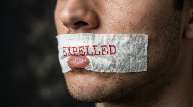 Close-up stock photo of a person with mouth taped shut showing expelled text for censorship or removal themes ideal for social media banners, protest graphics, or corporate compliance visuals.