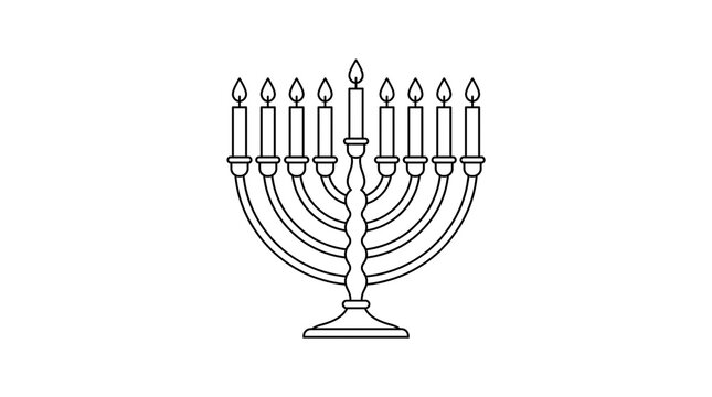 Hanukkah menorah line art illustration, traditional Jewish chanukiah with nine candles, minimalist religious holiday symbol on white background