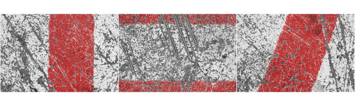 Red and white hazard warning tape pattern with a rough concrete texture for industrial construction site safety and restricted area marking