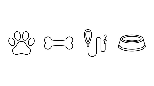 Minimalist dog care icons set, black outline pet accessories on white background, paw print bone leash and bowl symbols