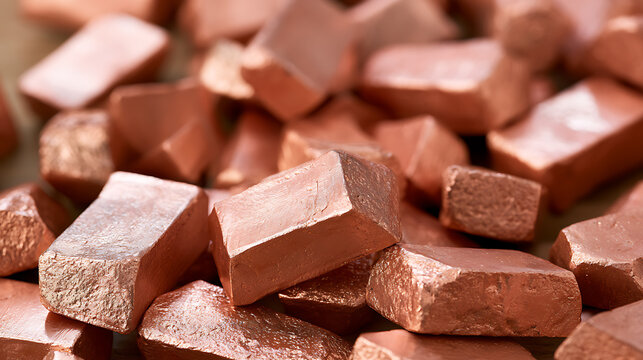 Close-up of raw copper metal ingots and blocks in a workshop, showcasing shiny texture and metallic reflection for industrial design