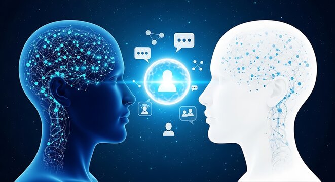 Two human heads connected through digital communication network technology illustration