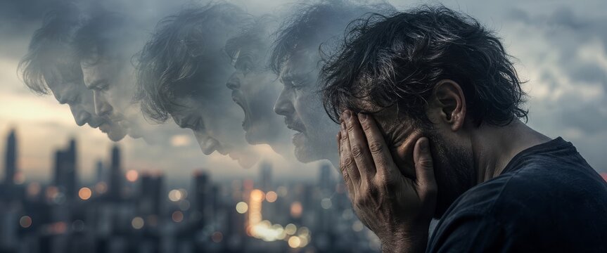 Man covering face with hands suffering from mental breakdown. Multiple exposure showing screaming faces of depressed man against blurred city