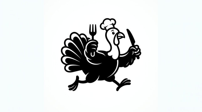 Black and white cartoon illustration of a running turkey chef holding a fork and a knife