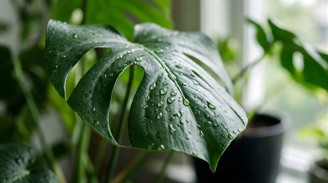 Monstera plant leaf with water droplets in a bright home interior