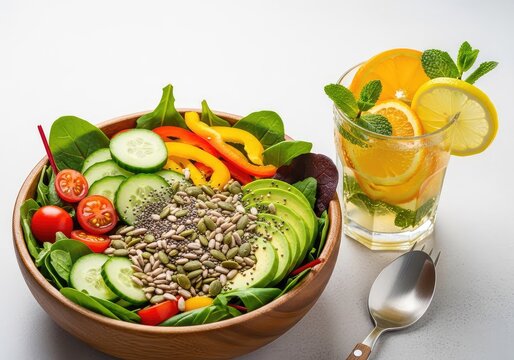Ensalada saludable de vegetales frescos y semillas servida en un bol de madera junto a una bebida refrescante con frutas y hierbas naturales, casero, natural, bienestar