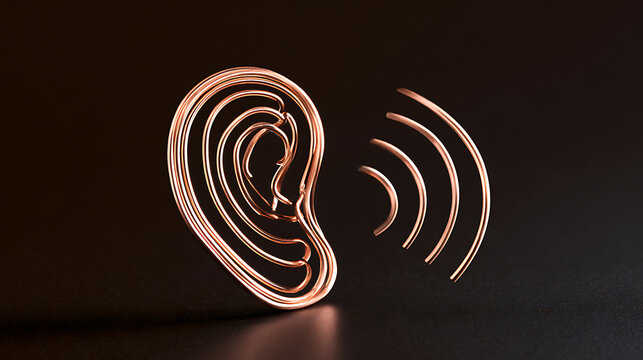 Minimalist 3d render of human ear shape with sound wave symbols, bronze metal wire art concept for audio technology, music, and hear