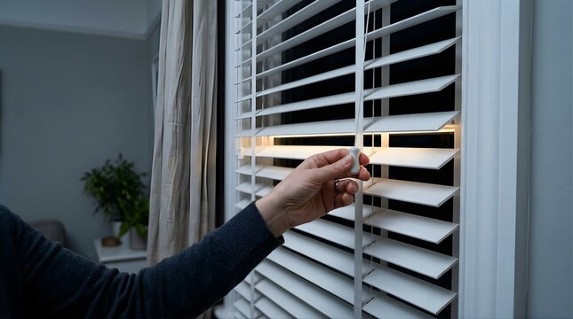 Person pulling cord to open white window blinds inside a modern home