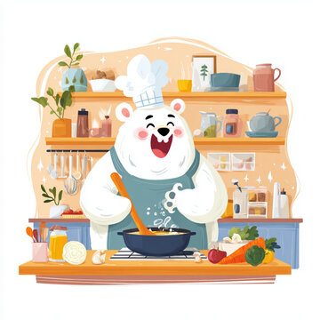 Cute polar bear chef wearing apron cooking 