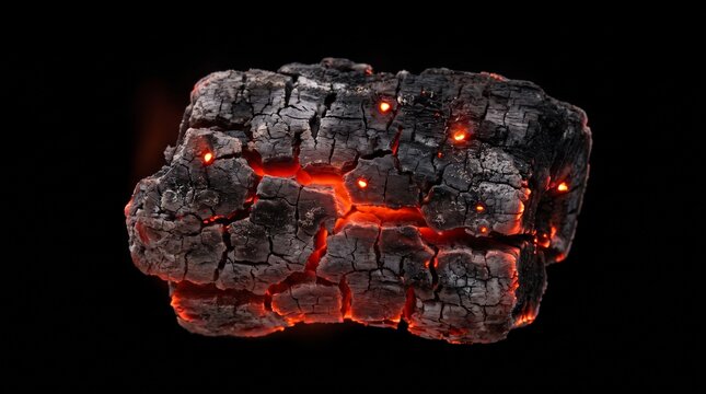 Close-up of a smoldering piece of charcoal, radiating intense heat and a warm glow in the dark