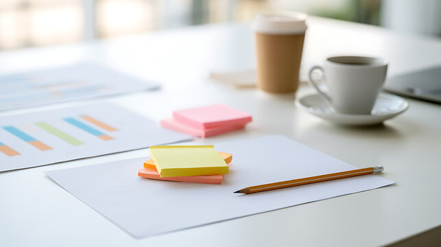 Clean modern office desk with colorful sticky notes, financial charts, pencil, and coffee cups ready for productive business work session