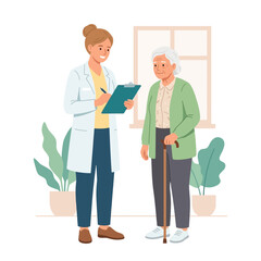 Obraz premium Doctor talking to elderly patient with walking stick, discussing medical records on clipboard, healthcare concept illustration