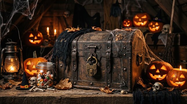 Locked antique chest surrounded by spooky Halloween decorations