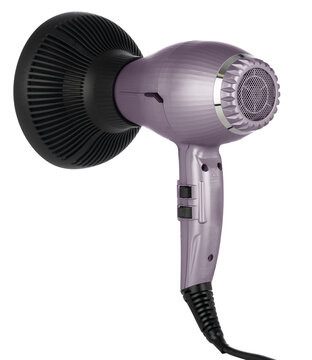 Purple hair dryer with black diffuser attachment isolated on transparent background