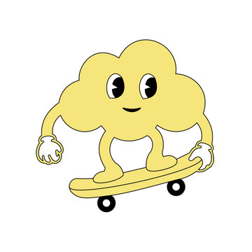 Retro cartoon cloud character skateboarding, fun yellow mascot with gloves, vintage 1930s style rubber hose animation design