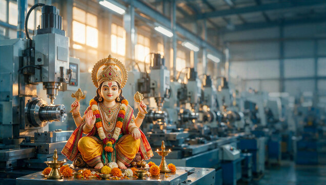 Vishwakarma Puja with Hindu Deity in Modern Manufacturing Factory