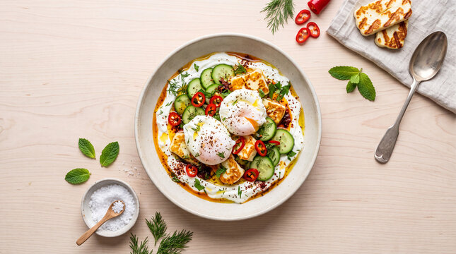 Top view of a fresh healthy breakfast bowl with yogurt, granola, fruit and herbs served on a wooden table with spoon and napkin.