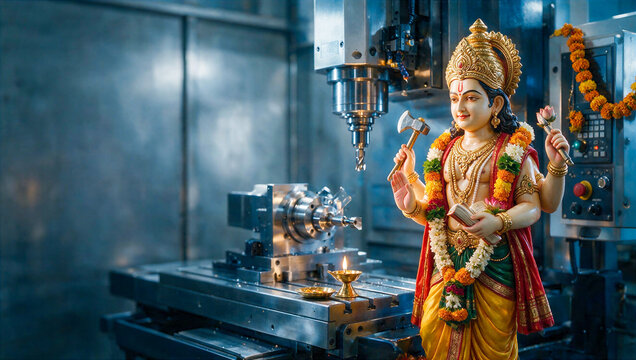 Vishwakarma Puja with Deity and Traditional Lamp on Engineering Workbench