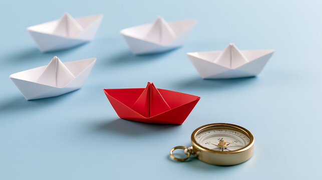Red paper boat lead group of white origami vessels with vintage brass compass on light blue background, leadership and vision business concept