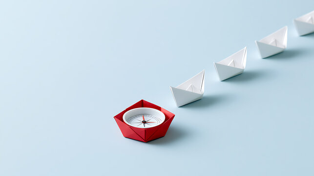 A red paper boat with a magnetic compass lead a fleet of white paper vessels on a light blue surface to symbolize leadership and vision